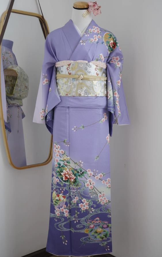 Purple Japanese Traditional Authentic Women Houmongi Kimono Formal Dress