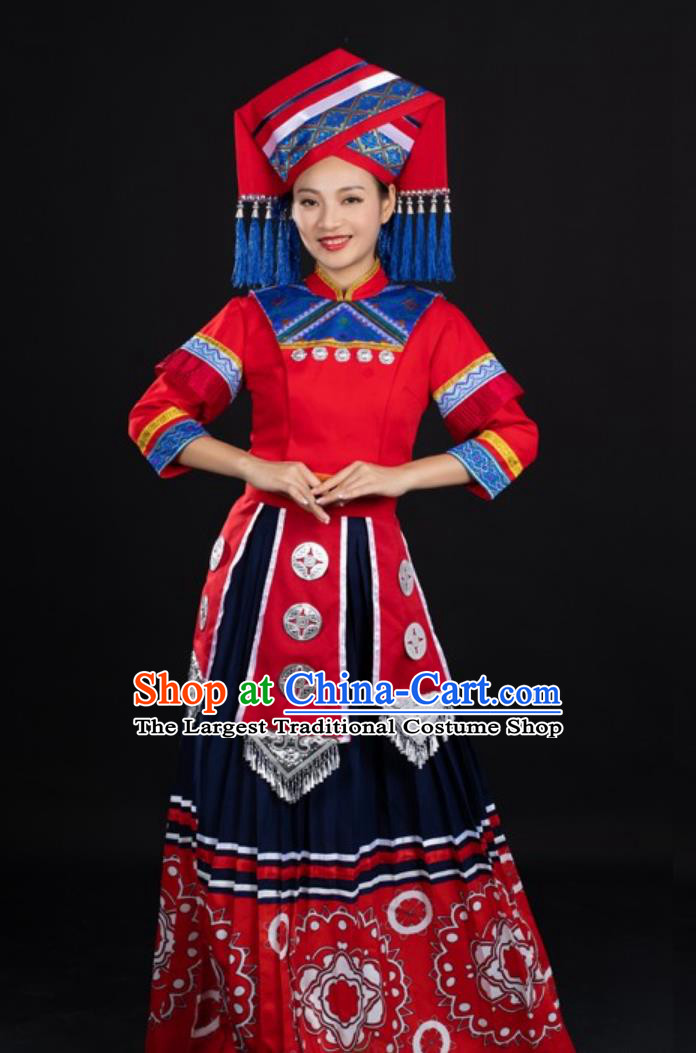 Chinese Zhuang Ethnic Red Printed Long Dress Women Formal Catwalk Performance Costume