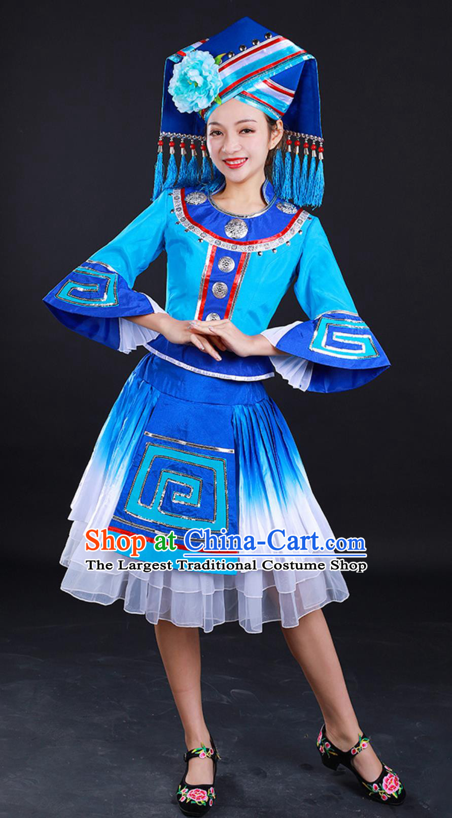 Traditional Chinese Ethnic Festival Attire Zhuang Third Sister Liu Folk Dance Costume Stage Performance Blue Dress