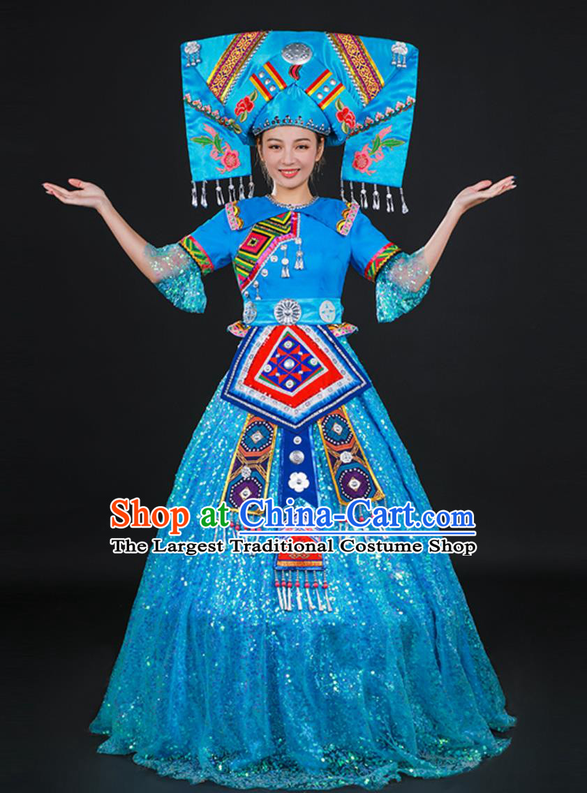 Zhuang Ethnic Women Stage Performance Costume Chinese Host Ceremonial Gown