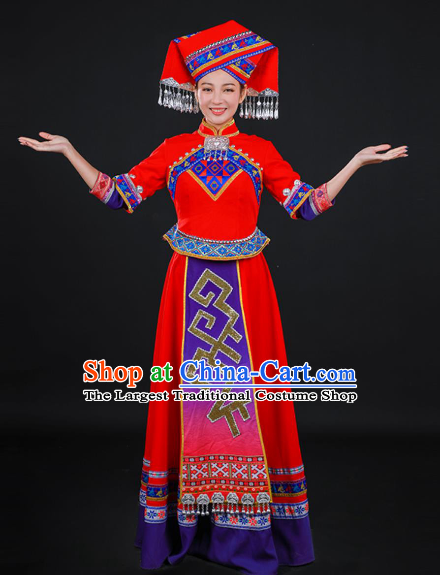 Zhuang March Third Festival Costume Ethnic Minority Host Ceremonial Red Dress Stage Catwalk Outfit