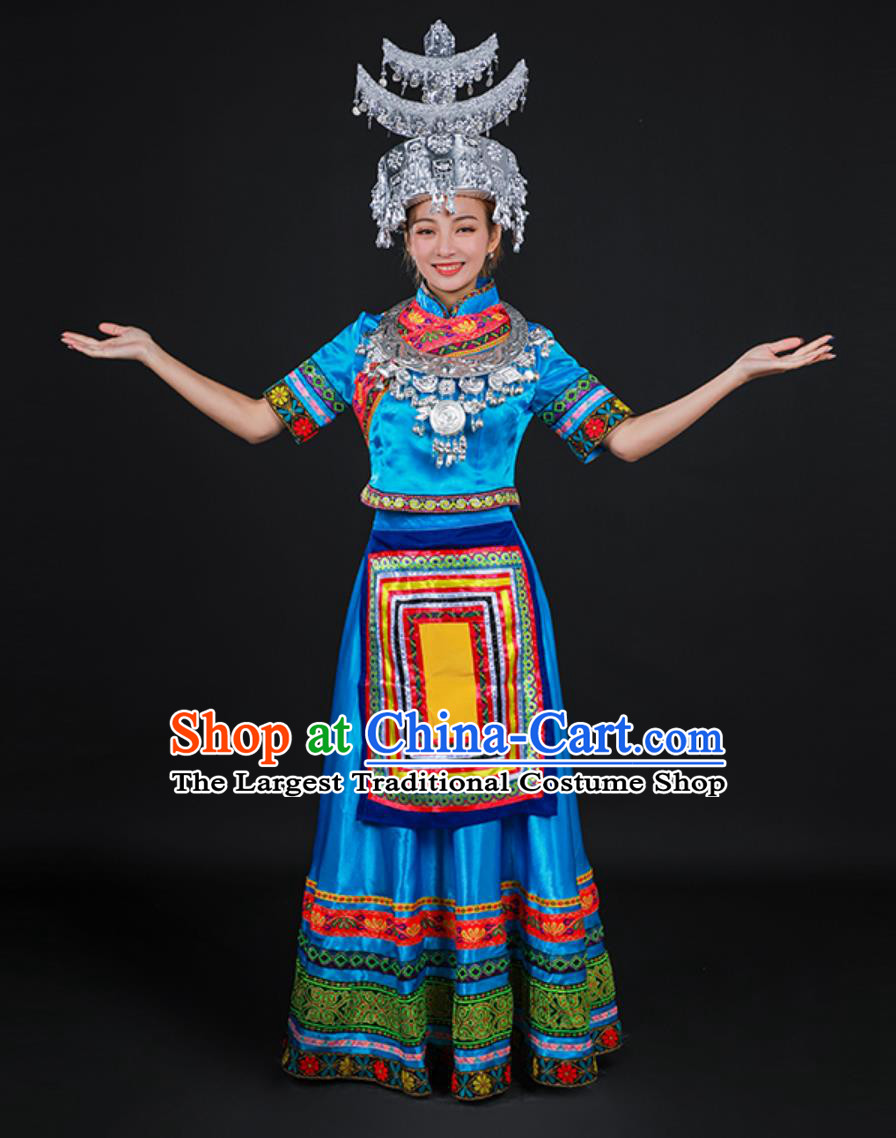Wenshan Shui Ethnic Women Dance Costume Chinese Yunnan Minority Traditional Clothing Blue Dress