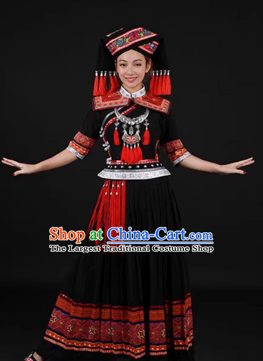 Zhuang March Third Festival Ethnic Women Black Uniform Chinese Stage Performance Long Dress