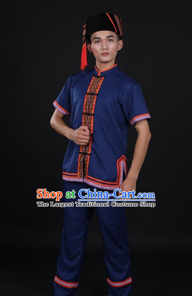 Yao Ethnic Short Sleeve Costume Traditional Chinese National Minority Male Navy Blue Outfit