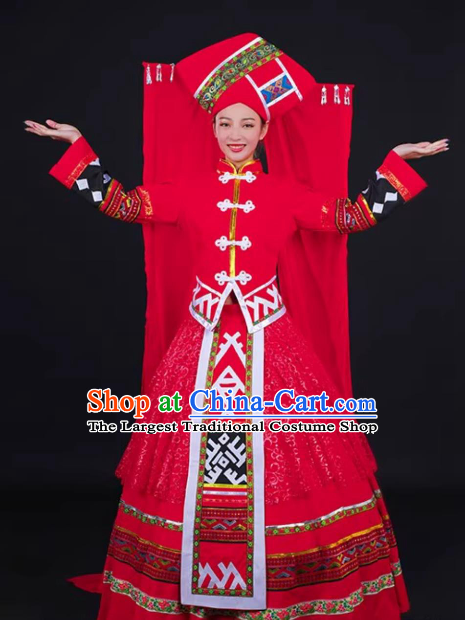 Zhuang Ethnic Women Ceremonial Dress Chinese Stage Performance National Costume