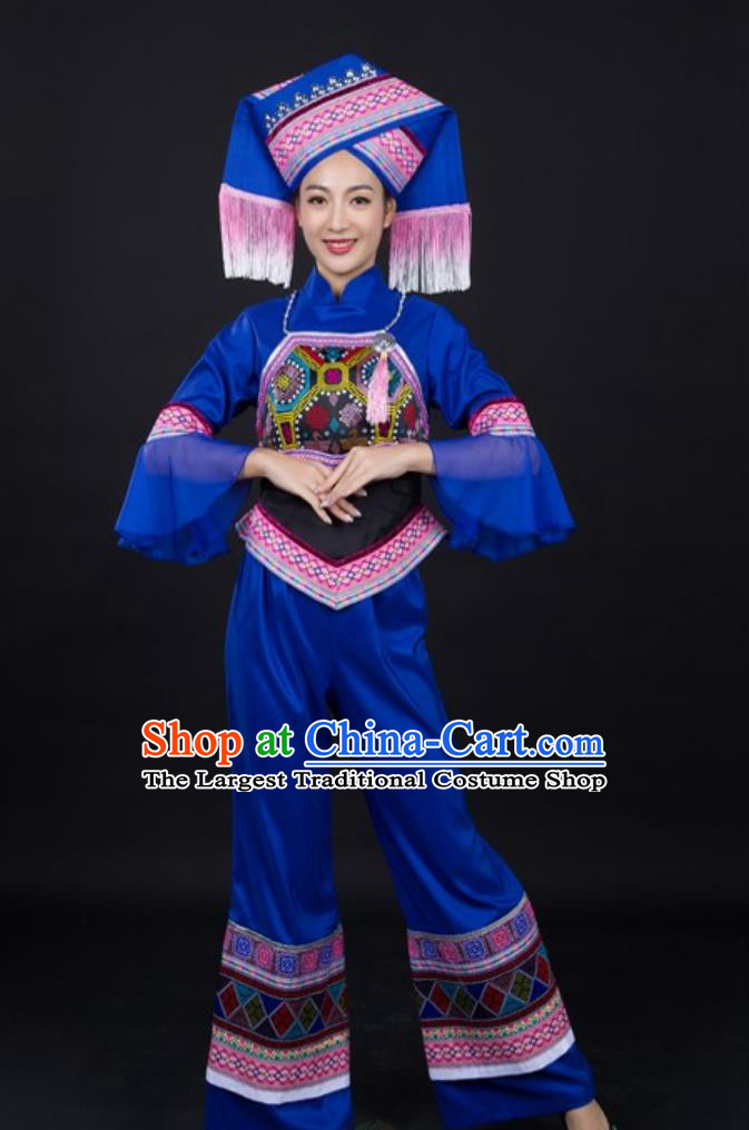 Zhuang Ethnic Blue Outfit Drum Embroidered Bellyband Pantsuit Chinese Daily Performance Costume