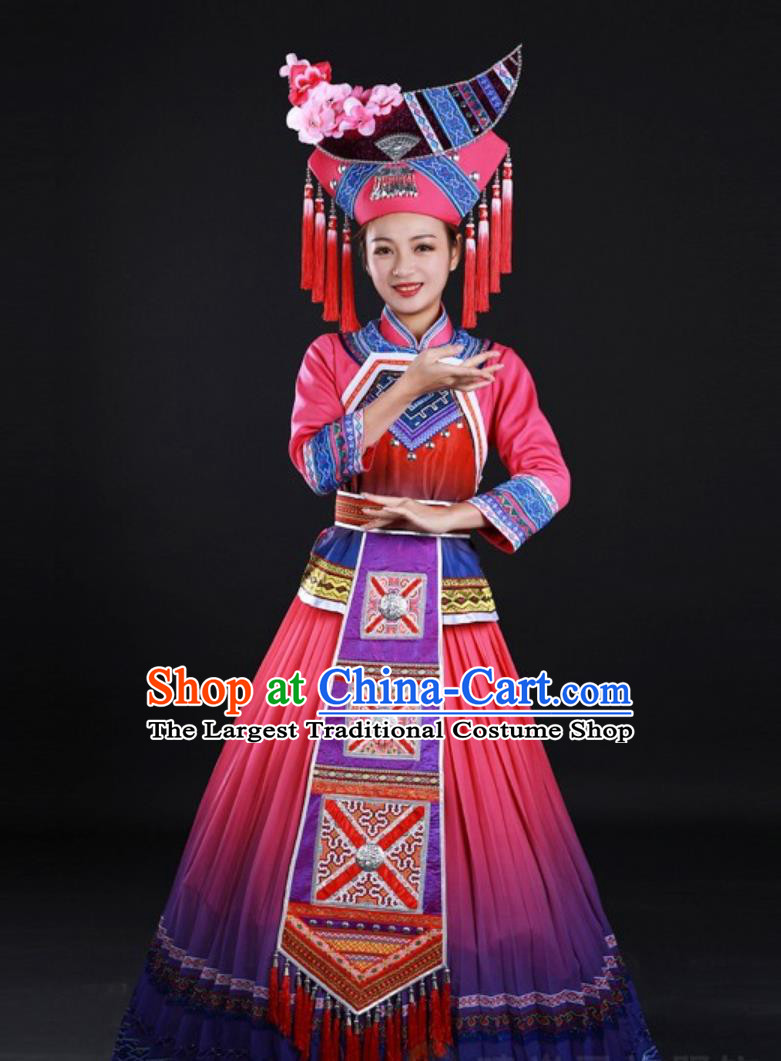 Chinese Zhuang Ethnic Pink Long Dress National Minority Women Stage Performance Costume