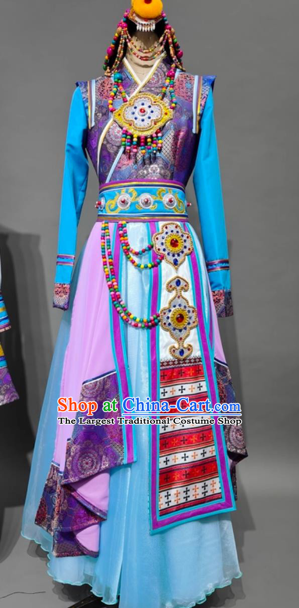 Chinese Tibetan Women Dance Dress Xizang Ethnic Style Men Costume Zang Dance Performance Outfit