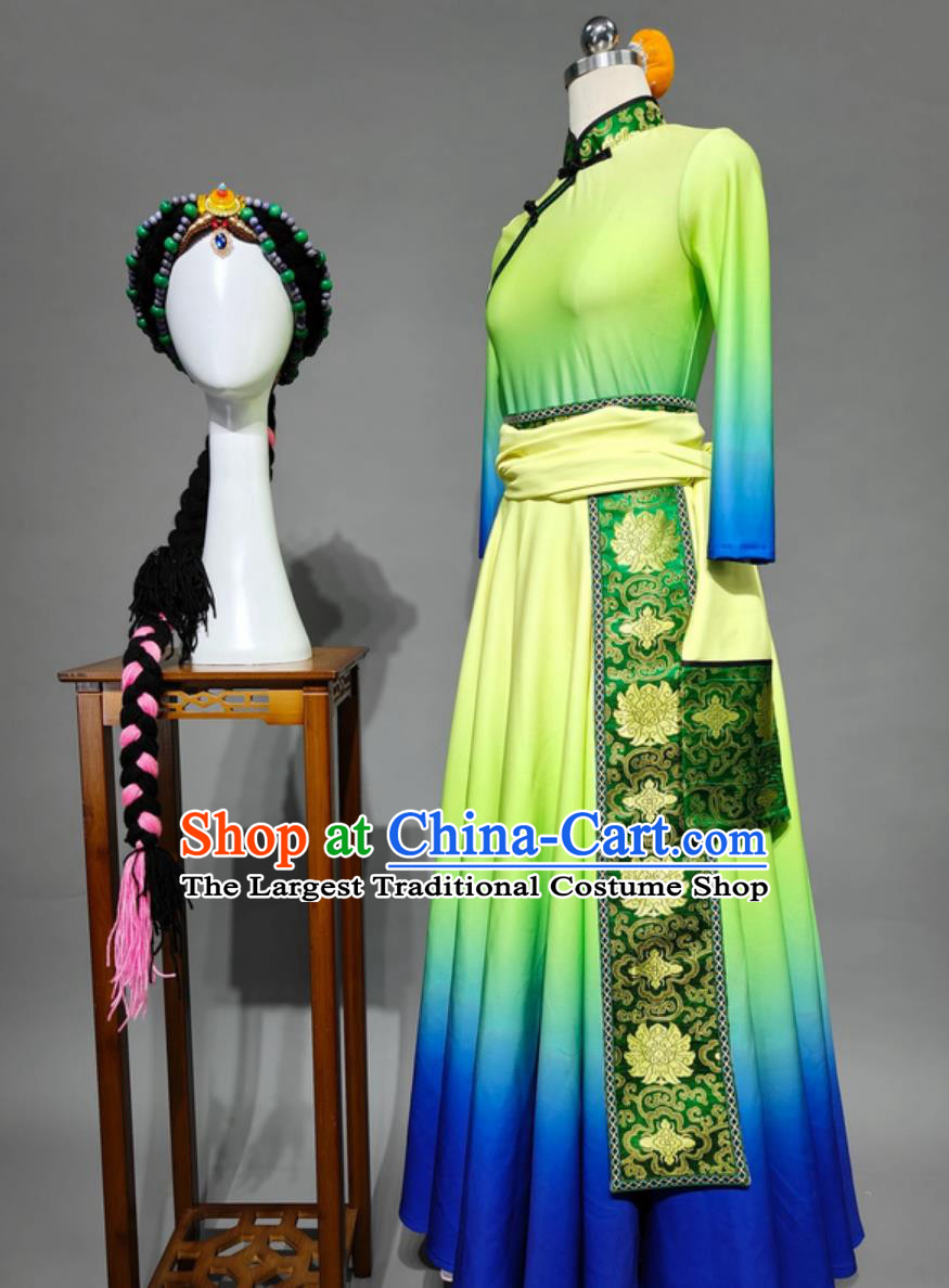 Tibetan Ethnic Style Women Dance Performance Costume Chinese Zang Minority Group Dance Dress Traditional Attire