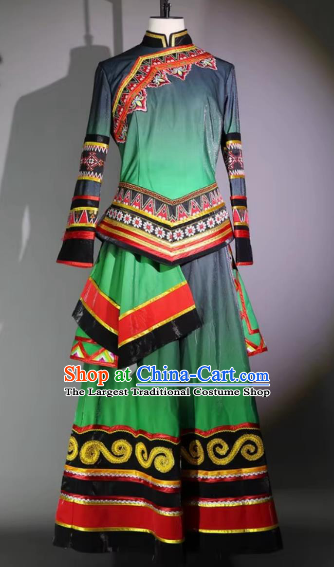 Yunnan Yi Ethnic Embroidered Costume Chinese Stage Performance Attire Folk Dance Green Outfit