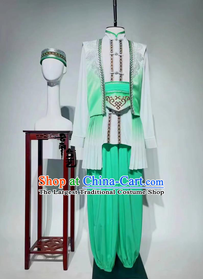 Hui Ethnic Ceremonial Dance Performance Costume Chinese Minority Group Men Gradient Green Color Stage Attire