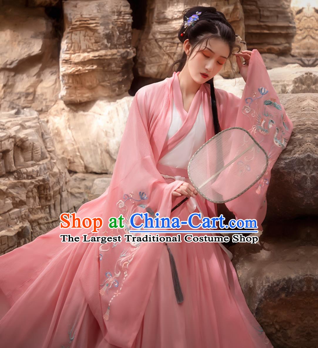 Chinese Female Hanfu Pink High Waist Cross Collar Duijin Da Xiu Shan Heavy Embroidery Skirt Complete Set
