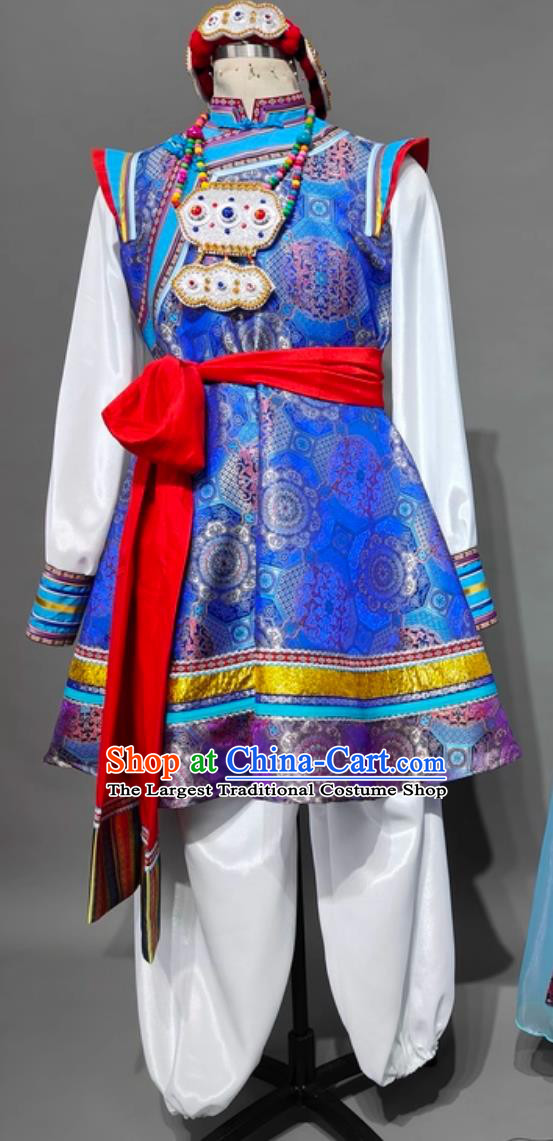 Tibetan Ethnic Style Men Costume Zang Dance Performance Outfit Chinese Tibetan Dance Set