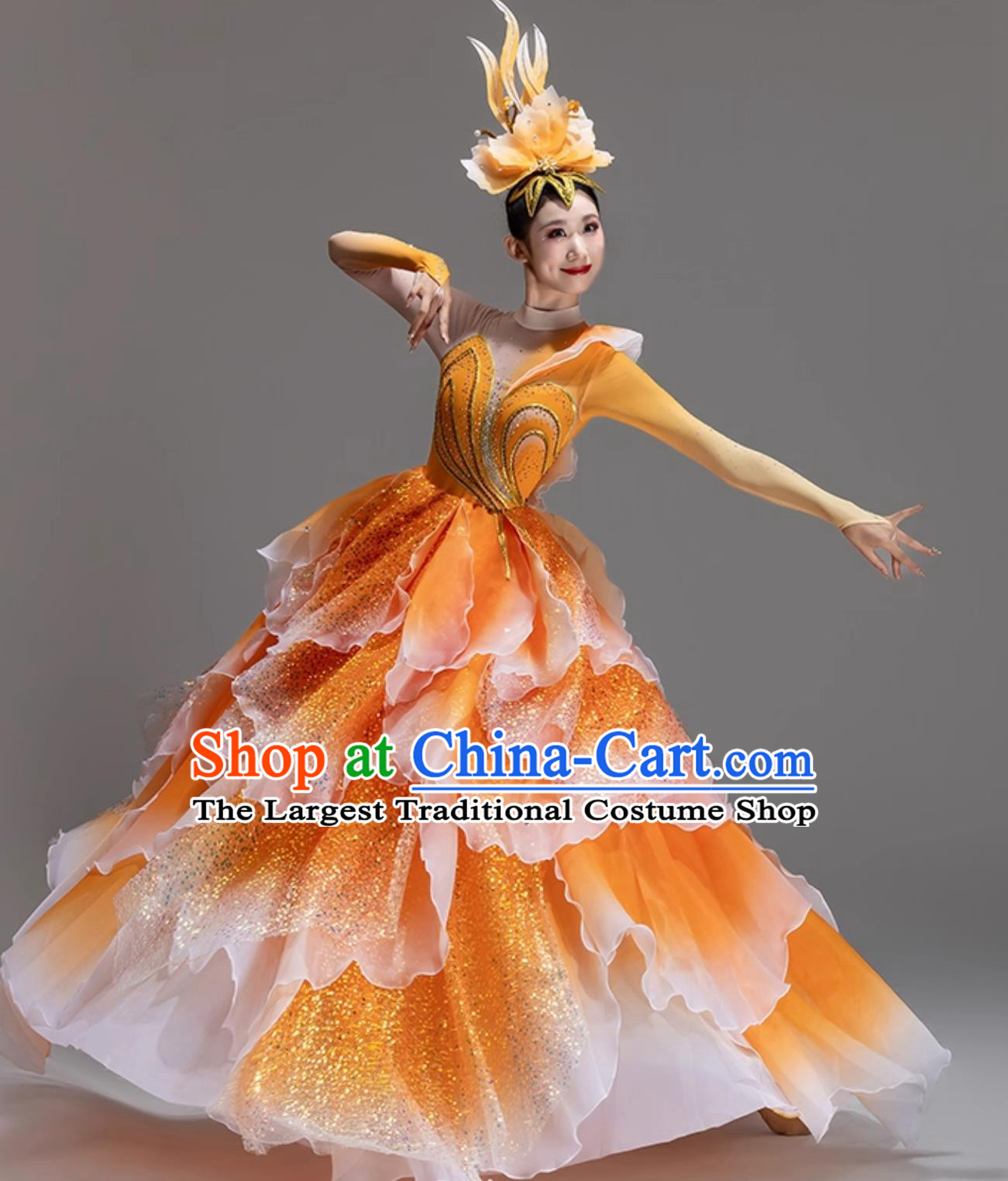 Grand Opening Dance Orange Flared Dress Stage Performance Attire Women Chorus Dance Costume