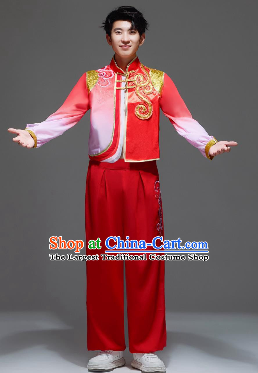 Chinese Folk Dance Attire Jiaozhou Yangko Performance Costume Men Waist Drum Dance Red Outfit