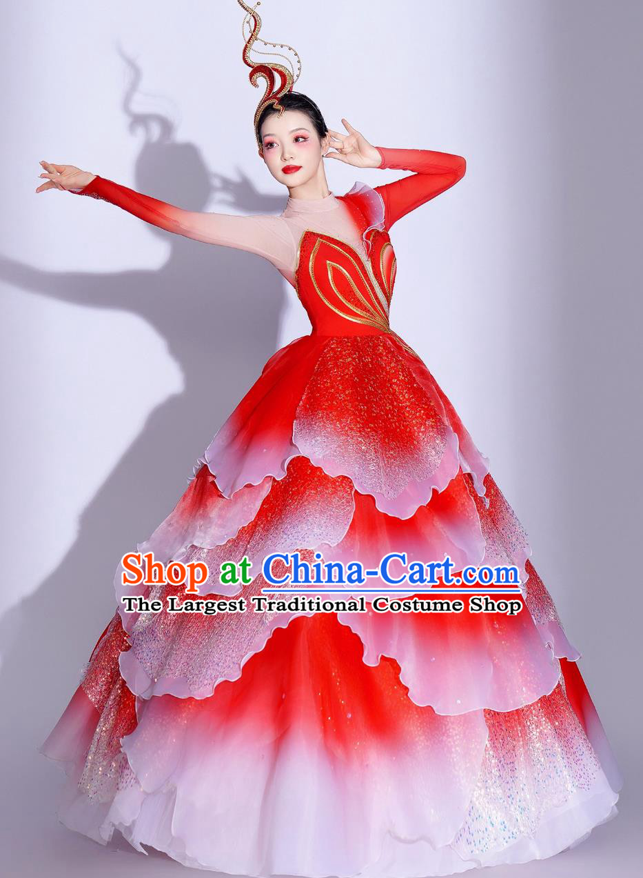 Red Grand Opening Dance Performance Dress Women Modern Dance Long Gown Chorus Group Flower Petal Costume