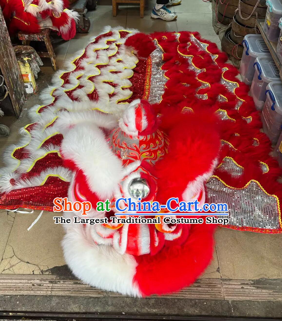 Red and White Sheep Fur Lion Chinese Hok San Lion Dance Head and Costume Complete Set