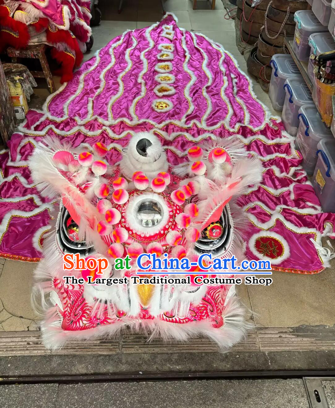 Handmade Traditional Lion Chinese Lion Dance Pink Head and Costume Complete Set