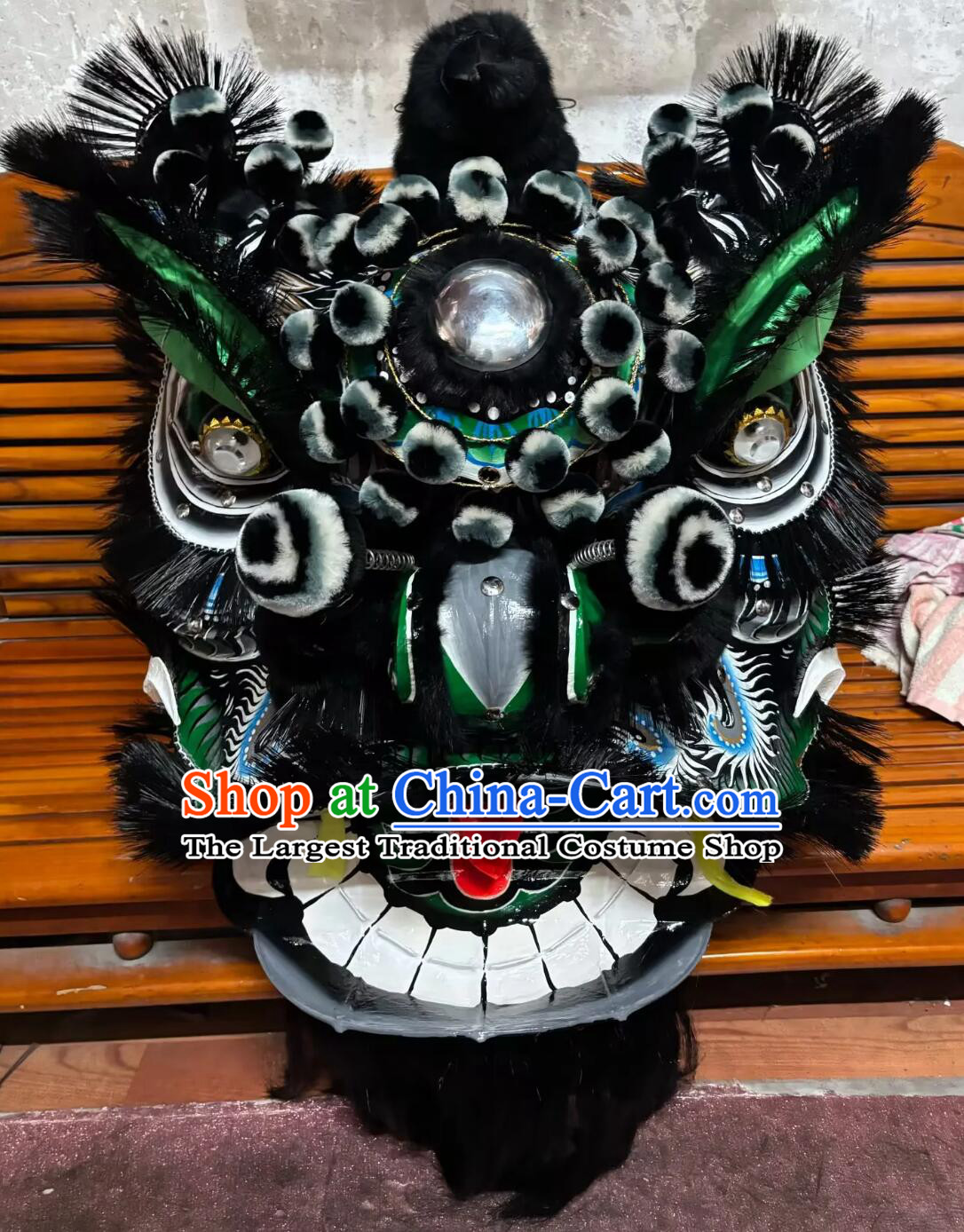 Black Fur Handmade Traditional Lion Chinese Guan Gong Lion Head and Lion Dance Costume Complete Set