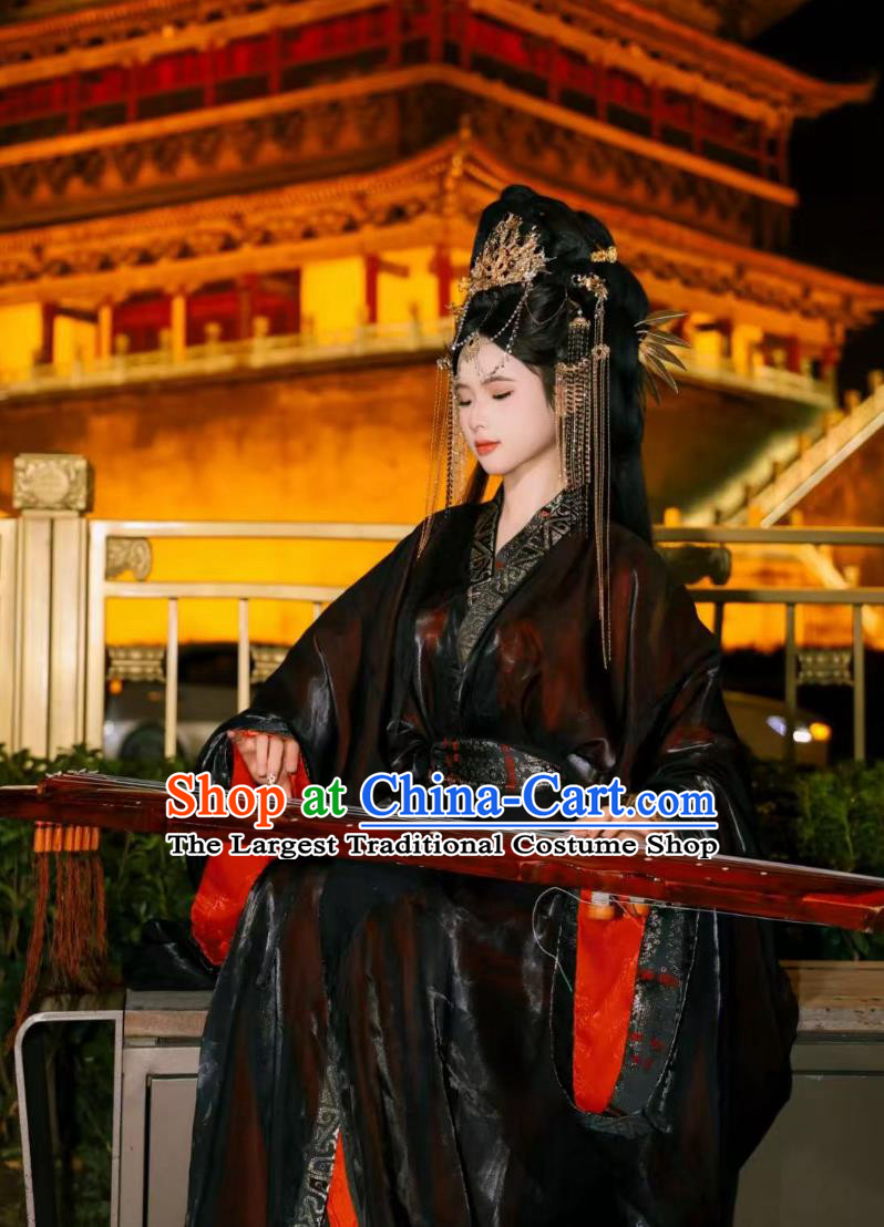 Black Warring States Robe Ancient Chinese Empress Hanfu Traditional Zhiju Trailing Dress