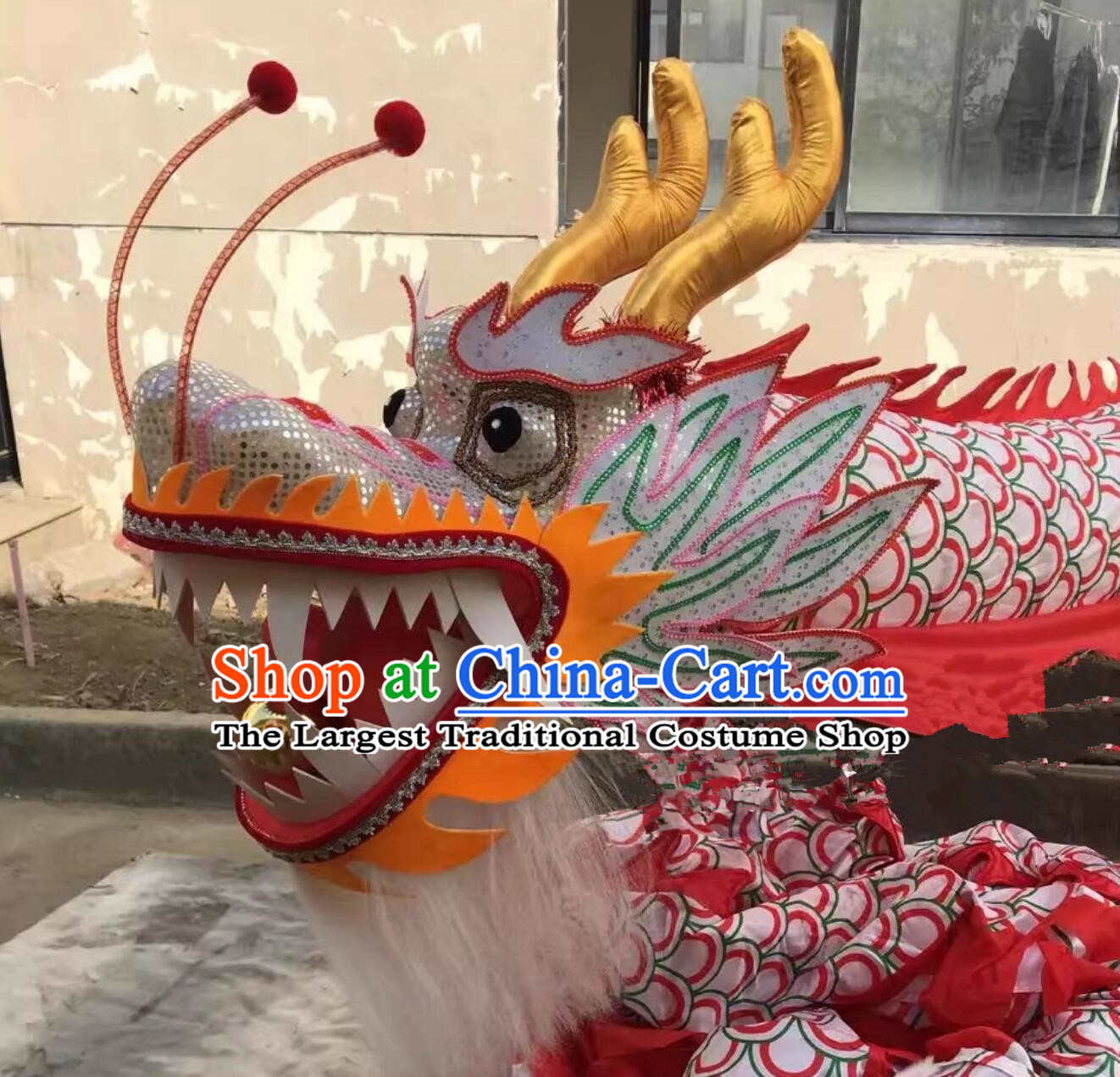 White Dragon Dance Head and Costume Chinese New Year Loong Dance Equipment Set