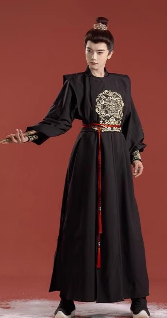 Chinese Tang Dynasty Round Collar Robe Black Men Embroidered Ancient Knight Outfit