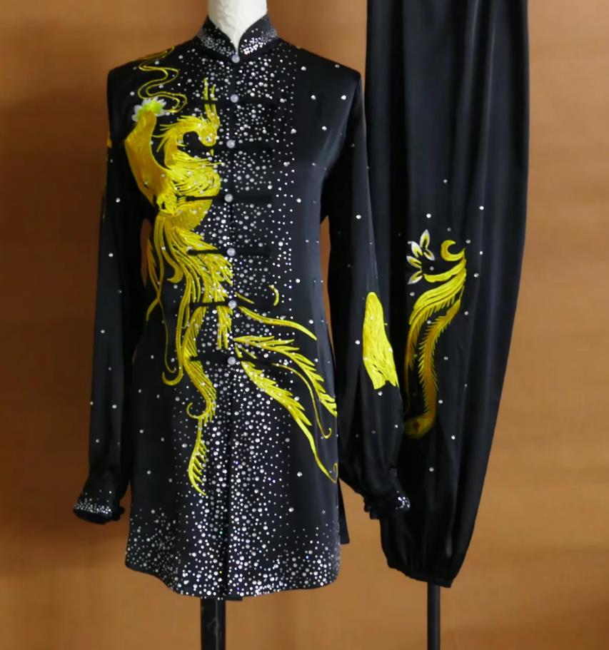 Embroidered Phoenix Crystal Tai Chi Suit Mid Length Qigong Uniform Competition Performance Baduanjin Costume