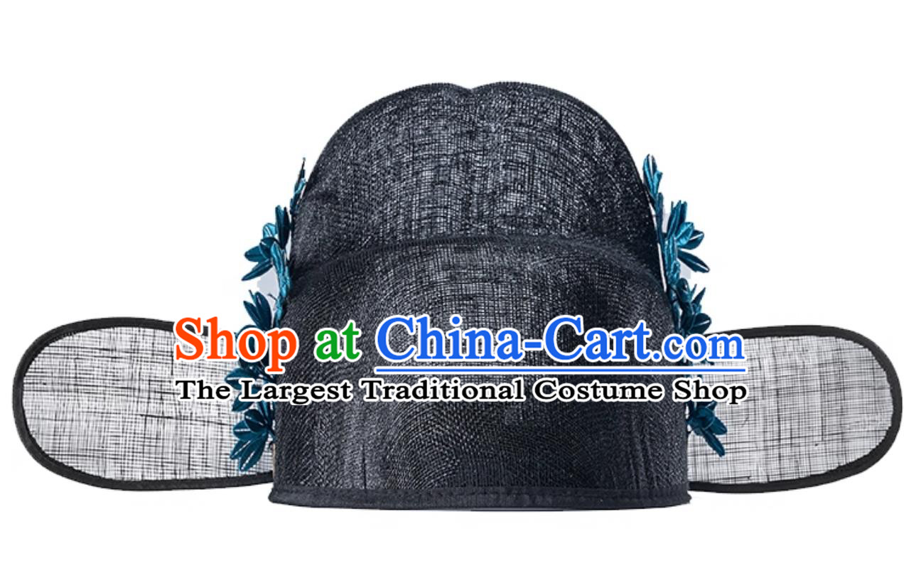 Ming Dynasty Hanfu Hat Chinese Hemp Gauze Wusha Hat With Wrapped Flowers