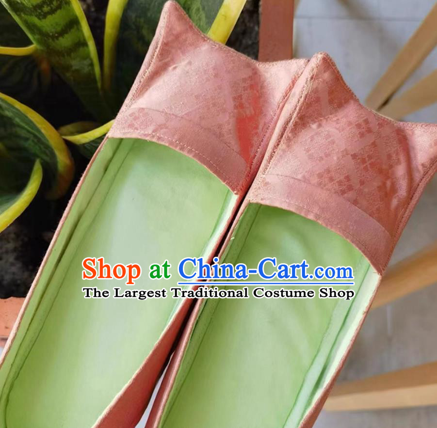 Western Han Dynasty Pink Satin Shoes Handmade Hanfu Heritage Thousand Layer Sole Traditional Cloth Shoes