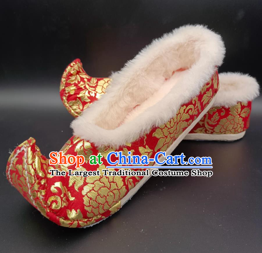 Handmade Heritage Thousand Layer Sole Upward Curved Women Shoes Red Tang Dynasty Astana Hanfu Shoes