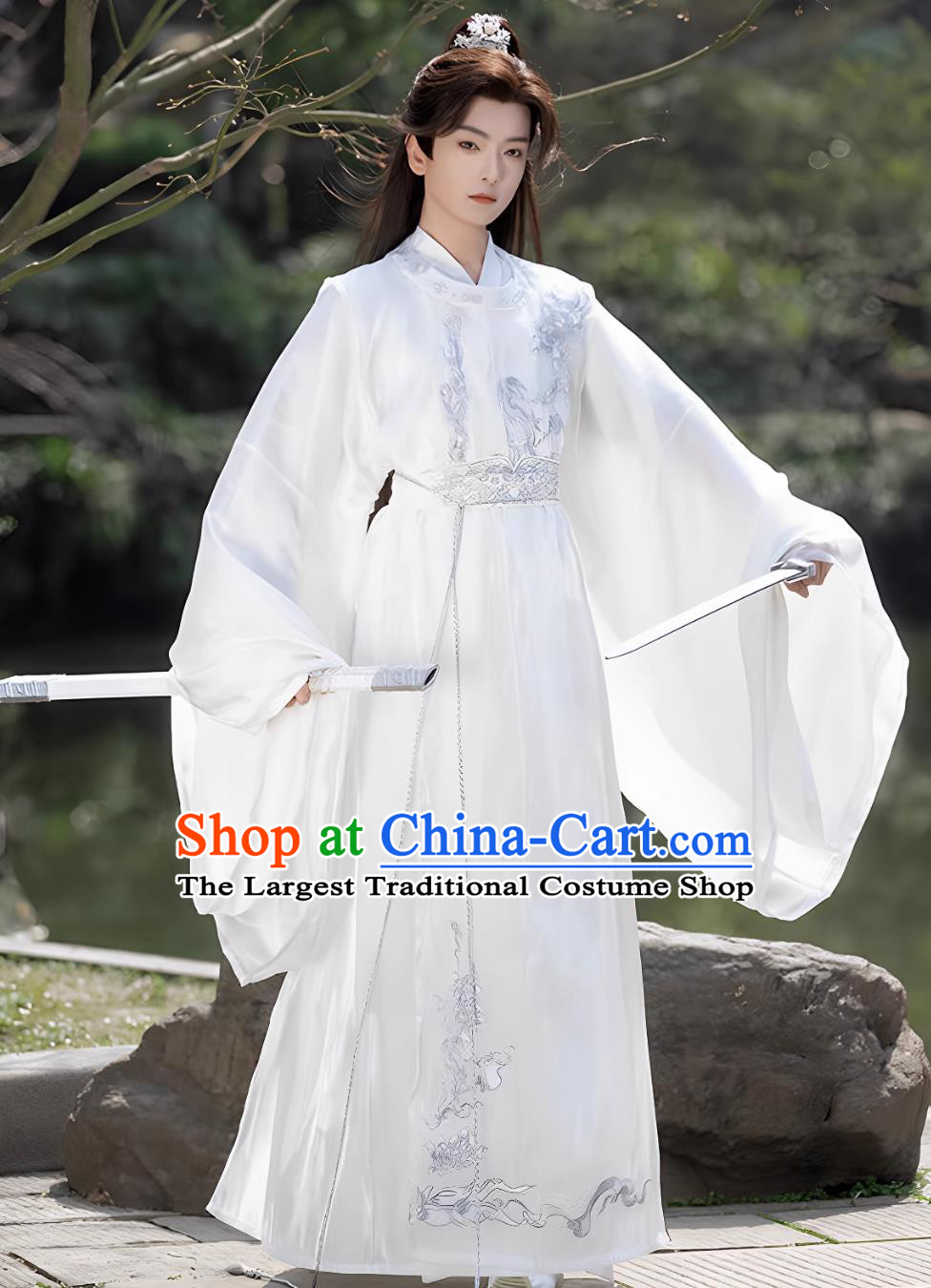 Tang Dynasty Hanfu Embroidered Round Collar Robe Ancient Chinese Swordsman White Outfit Traditional Costume