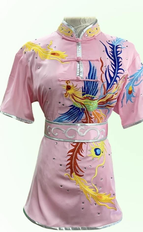 Professional Mulan Costume Phoenix Embroidery Wushu Competition Performance Outfit Martial Arts Pink Uniform