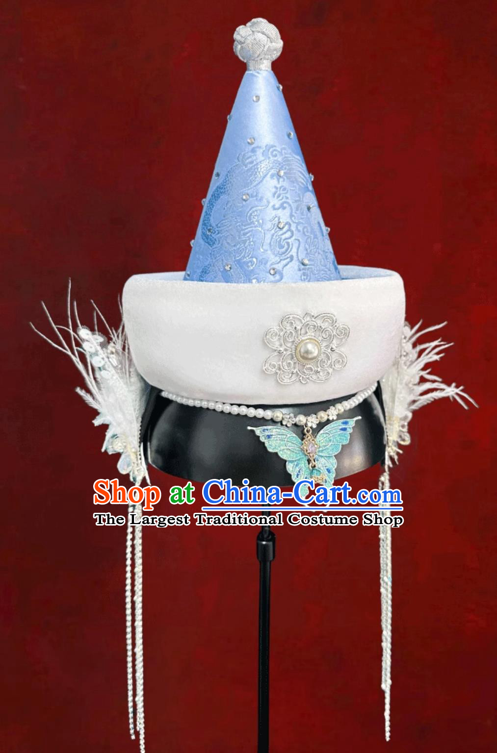 Blue Mongolian Ethnic Tassel Headpiece Mongolian Dance Performance Hair Accessory Chinese Forehead Decoration Hat