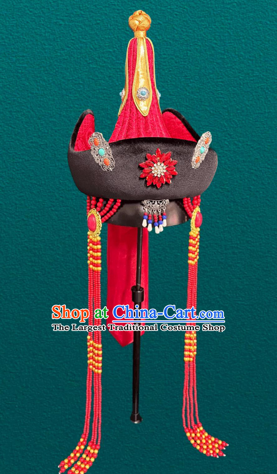 Mongolian Ladies Red Hat Chinese Dance Performance Premium Wedding Headpiece