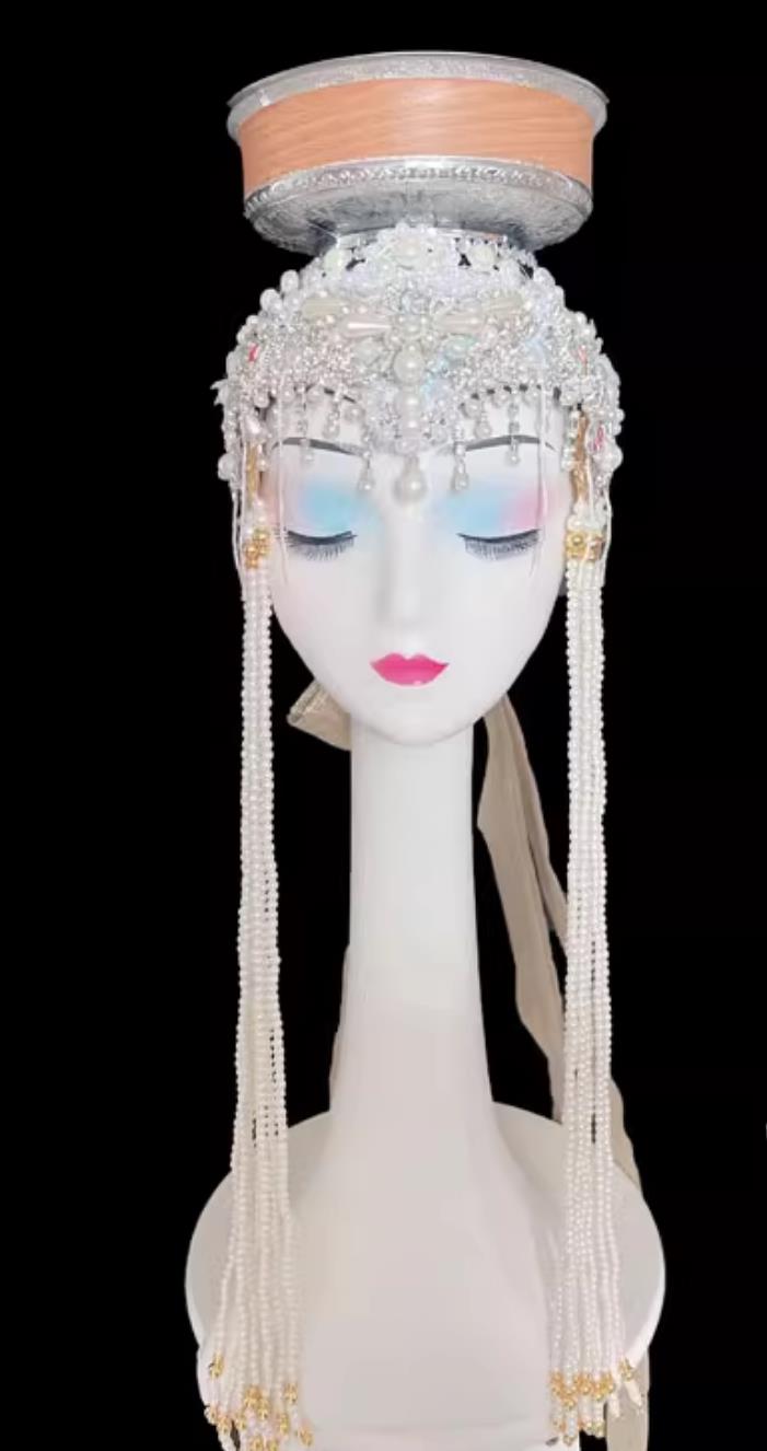 Mongolian Dance Bowl Balancing Headdress Handmade Beaded Long Tassel Dance Hat