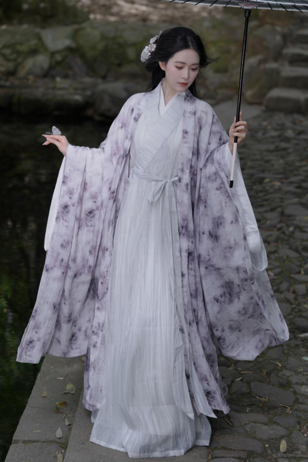 Wei Jin Style Printed Wide Sleeve Robe Traditional Chinese Clothing Cross Collar Straight Hem Hanfu Robe