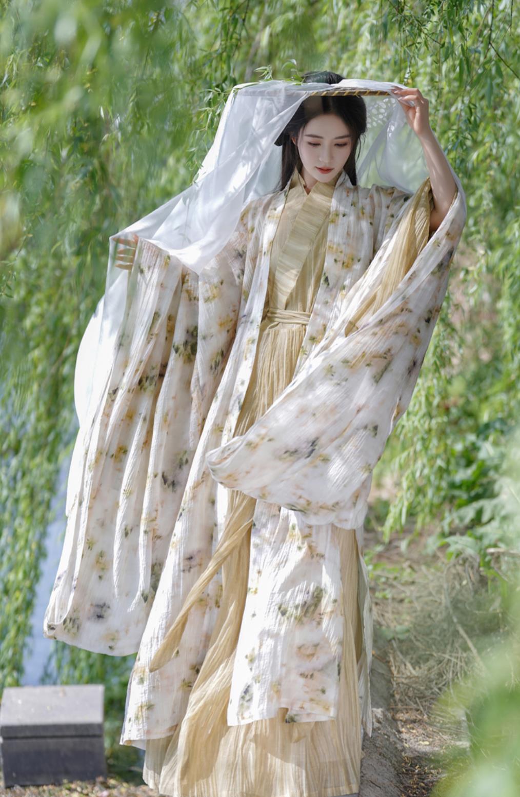 Traditional Chinese Clothing Wei Jin Style Printed Wide Sleeve Robe Cross Collar Straight Hem Hanfu Robe