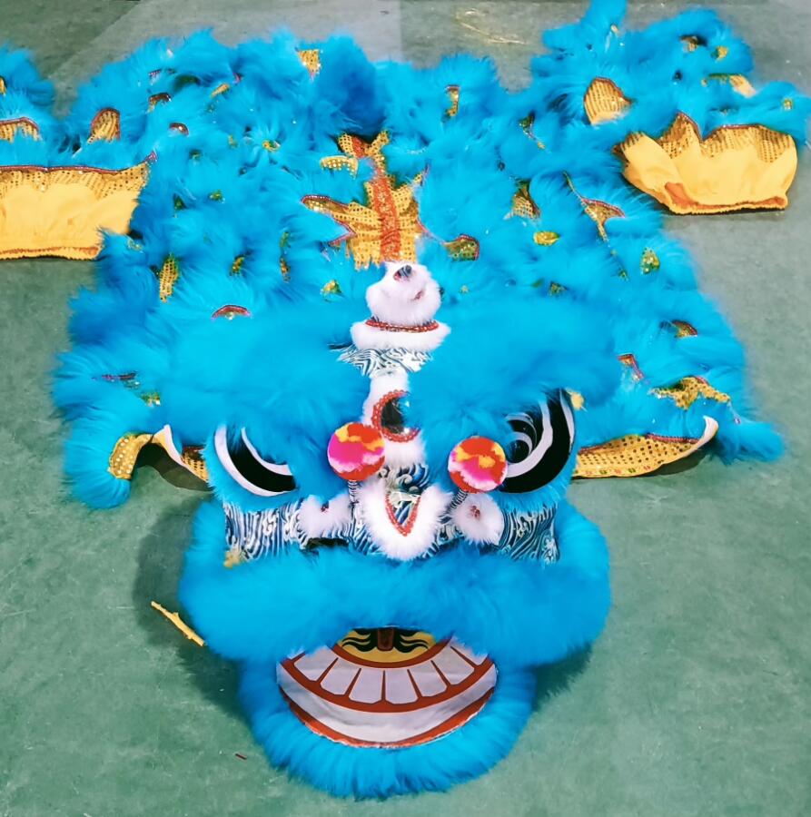 Childrens Lion Dance Costume Handmade Blue Wool Lion Head Kids Lion Dance Prop
