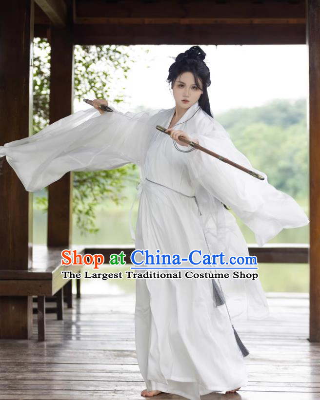 Wei Jin Style Hanfu Female Knight Dress Traditional Chinese White Zhiju Robe Wide Sleeve Gown
