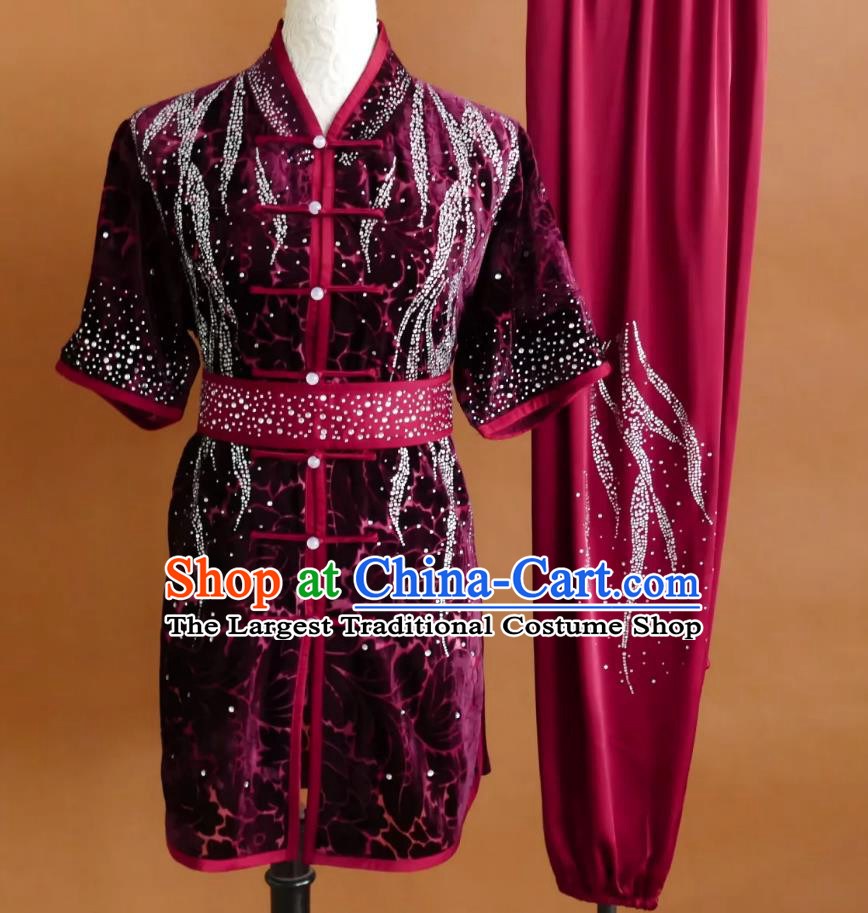 Professional Kung Fu Competition Uniform Wushu Clothing Changquan Group Performance Attire Bordeaux Red Lace Martial Arts Costume