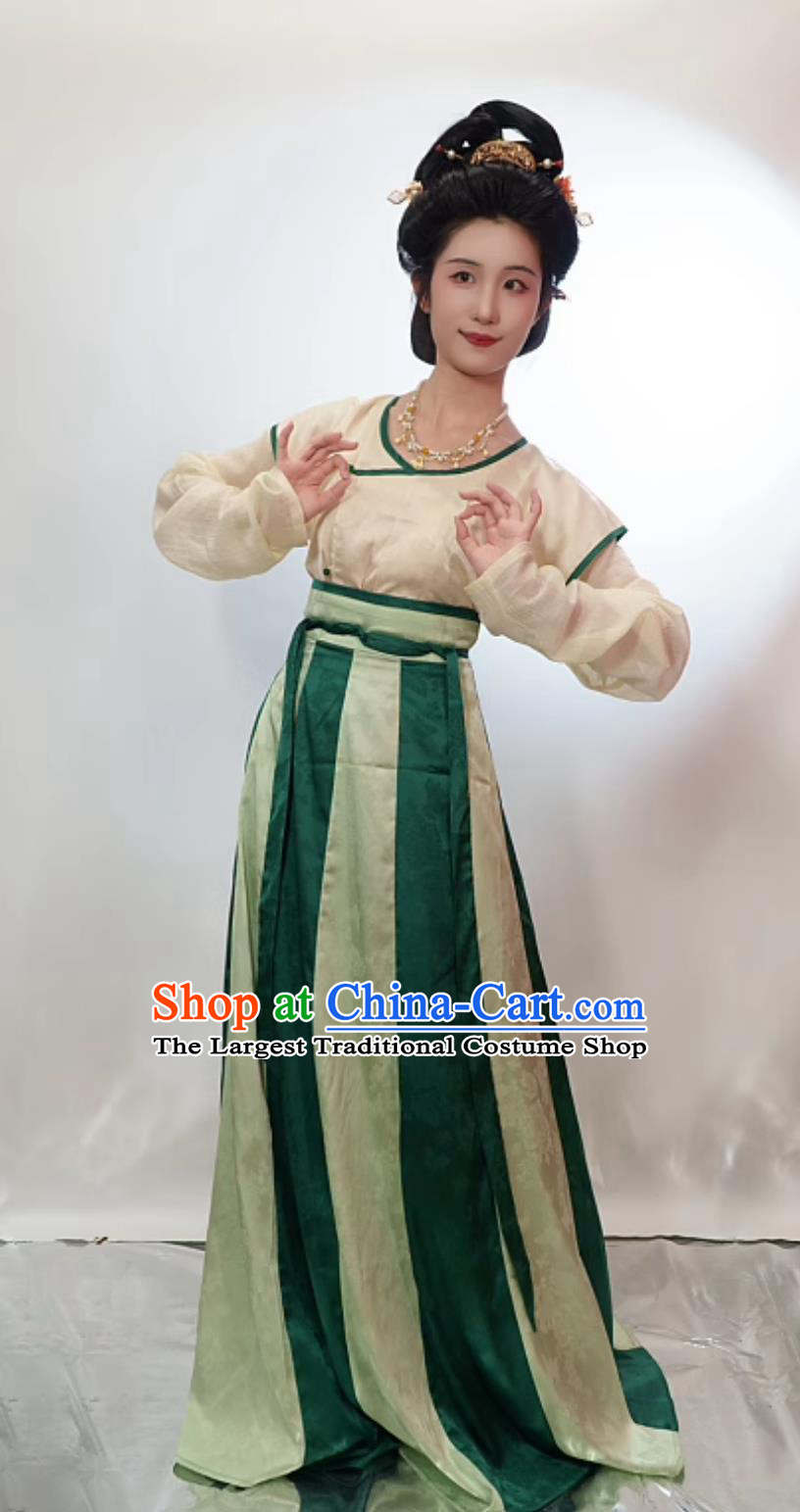 Chinese Historical Reproduction Clothing Traditional Costumes Early Tang Dynasty Cross Collar Shirt BeiZi Eighteen Gored Skirt Complete Set