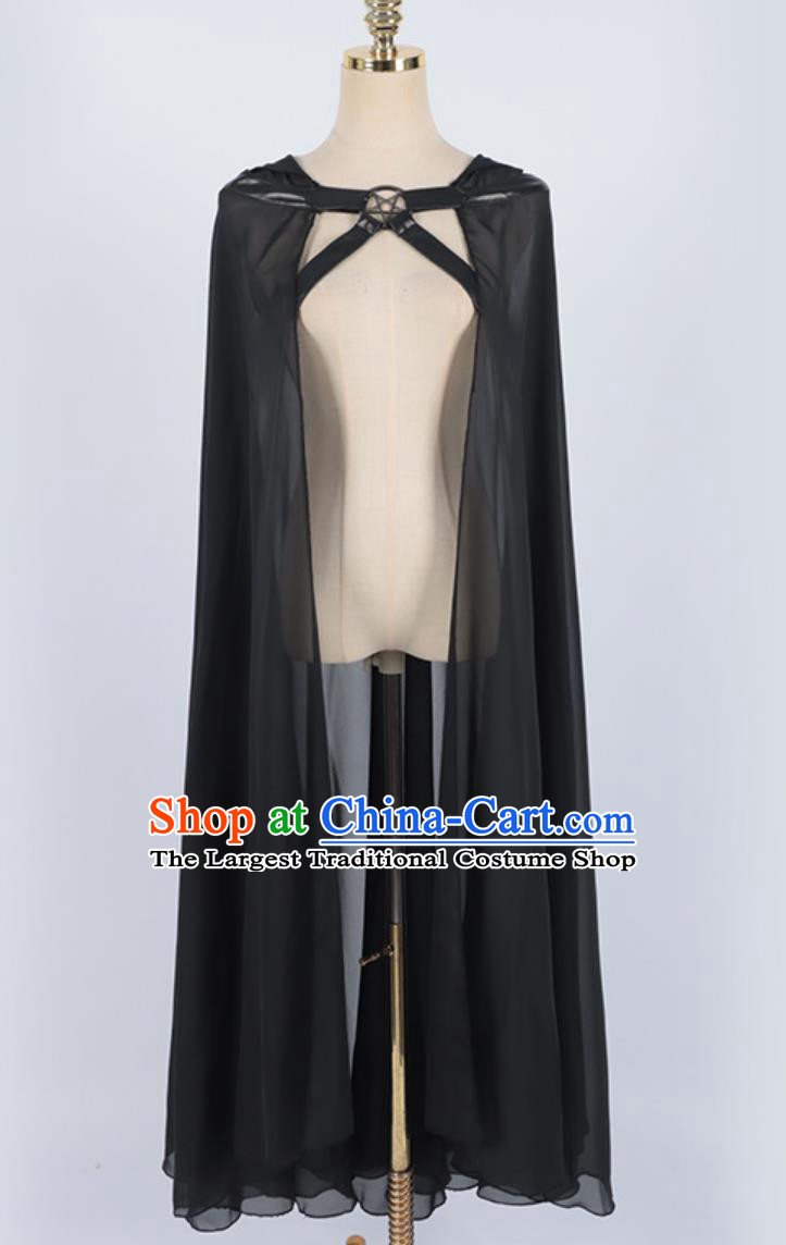 Halloween Black Mesh Cape Women Cos Mysterious Ritual Cloak Vintage Saint Transparent Hooded Long Shawl