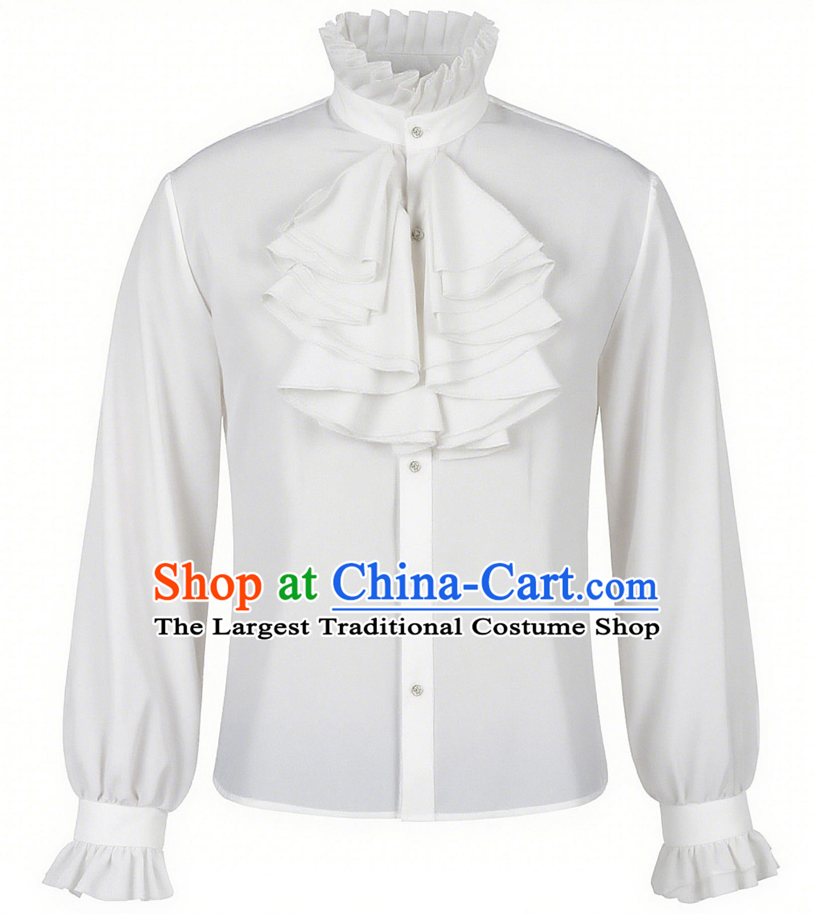 Medieval European Long Sleeve Vintage Shirt England UK Ruffled Frill Collar Lace Cuff White Base Layer Top