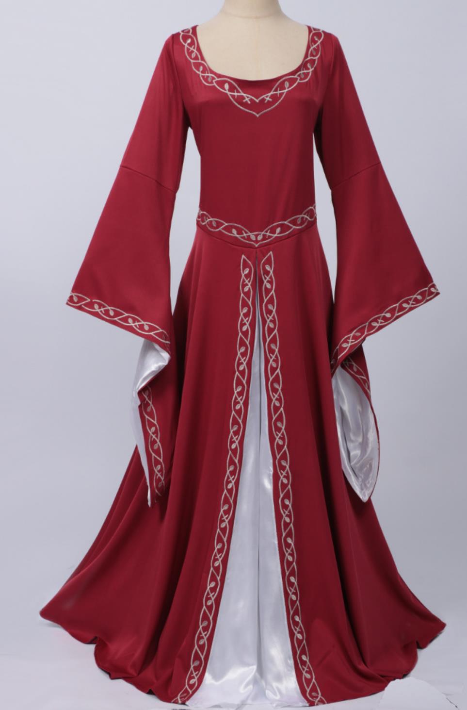 Medieval Court Drama Performance Dress UK England Women Embroidered Lace Flared Sleeves European Long Gown