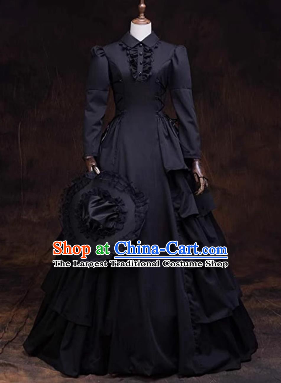 Medieval Black Long Full Gown Cosplay Queen Princess Performance Gothic Long Sleeve Tiered Dress