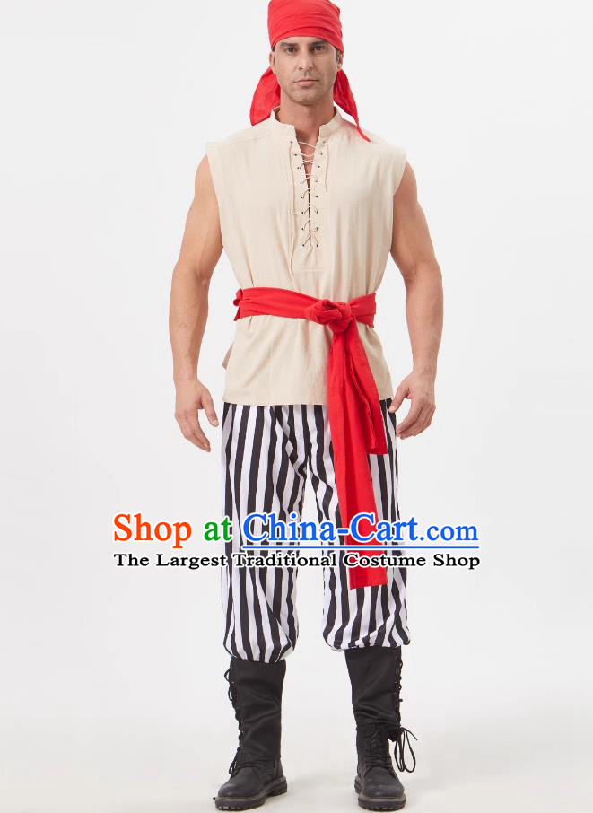 Medieval European Vintage Sailor Costume Adult Pirate Bandit Blindfold Striped Outfit