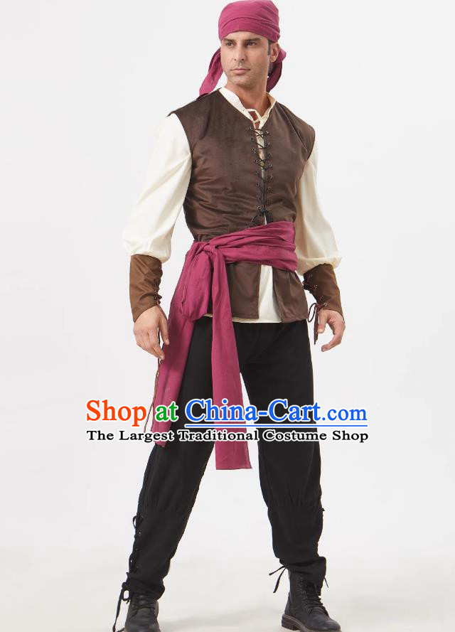 Halloween Mens Pirate Costume European Medieval Sailor Outfit Stage Play Cosplay Laborer Uniform