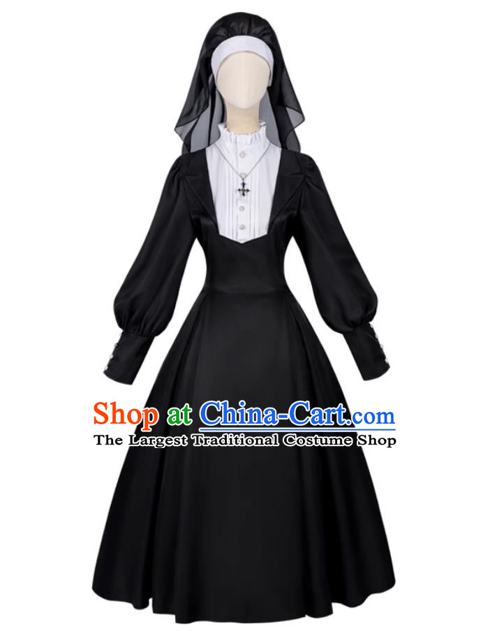 Halloween Black Nun Dress Waist Cute Lolita Lace Ruffled Long Skirt Lolita Convent Gown