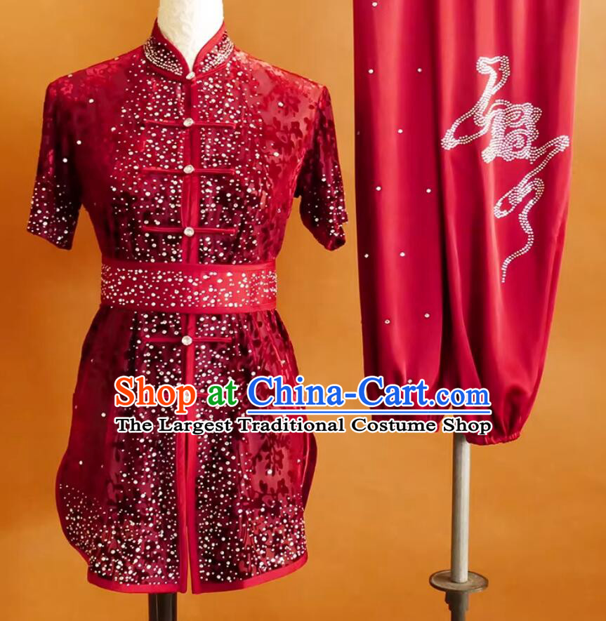 Dark Red Translucent Embossed Star Color Diamond Wushu Uniform Changquan Martial Arts Costume Kung Fu Competition Clothing