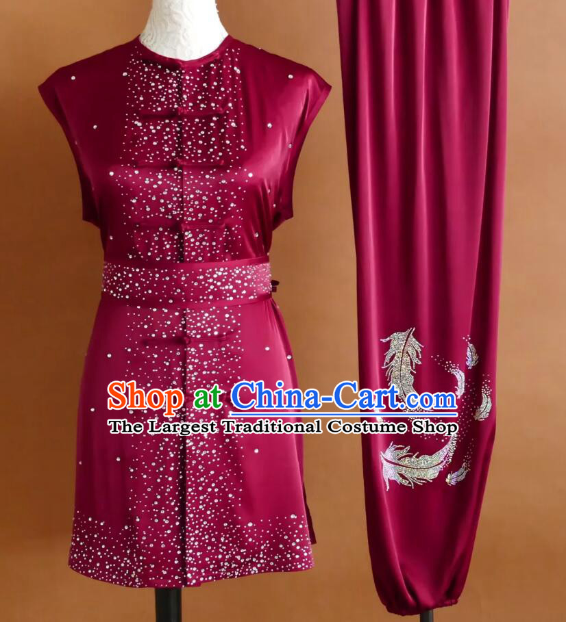 Kung Fu Competition Clothing Burgundy Red Star Color Diamond Wushu Uniform Nanquan Martial Arts Costume